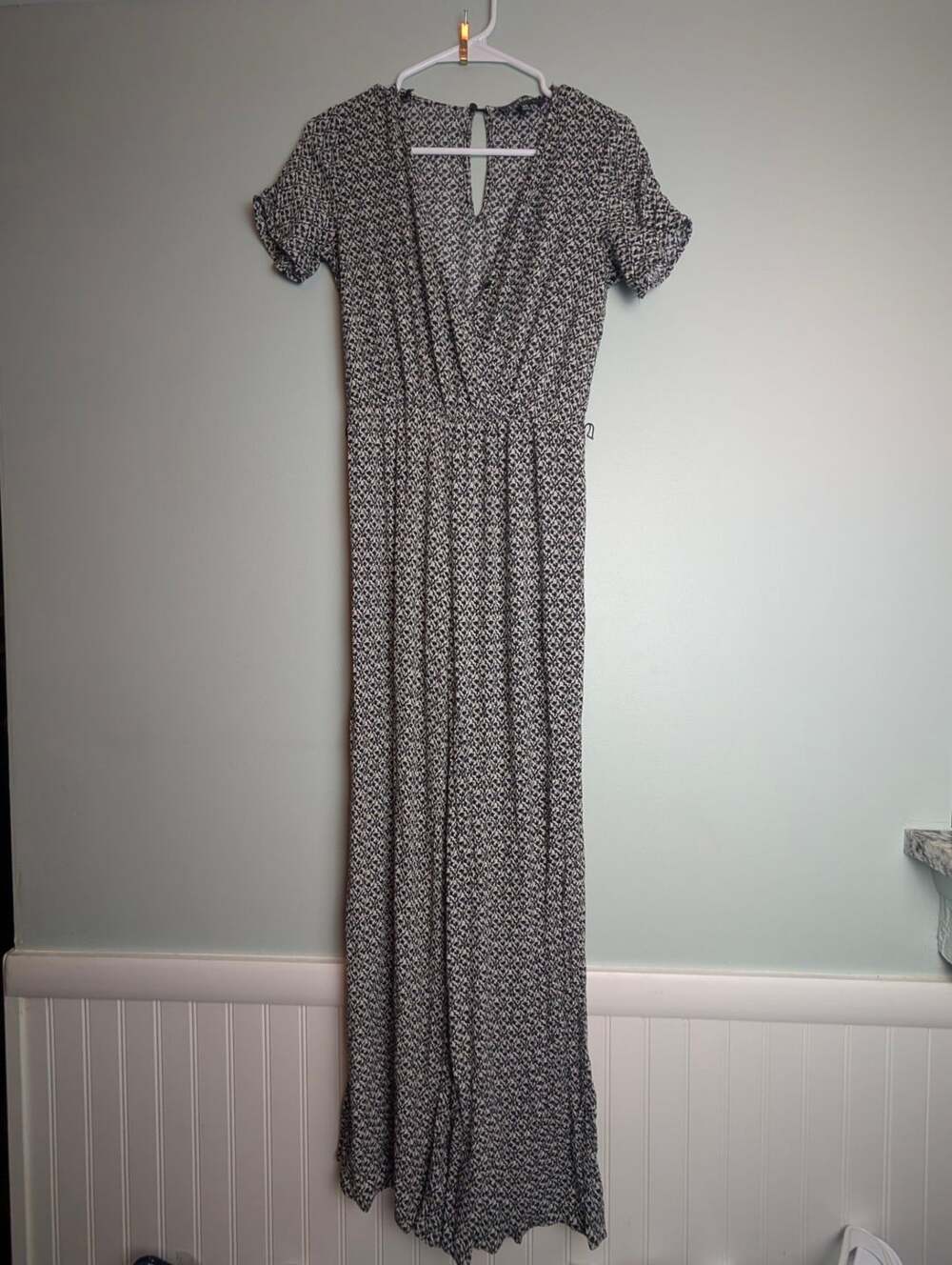 Whimsigoth Boho Chic Lulus Black and White Printed Short Sleeve V-Neck Jumpsuit